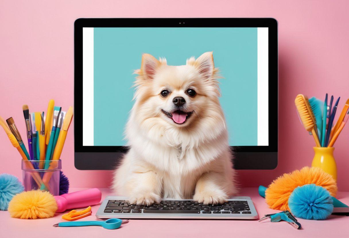 A playful scene featuring a fluffy dog and a cat engaged in a grooming session, surrounded by colorful grooming tools like brushes, scissors, and pet care products. In the background, a computer screen displays a vibrant blog layout showcasing tips for pet grooming. The setting is cheerful and inviting, with soft pastel colors and whimsical elements like paw prints and thought bubbles. cartoon style. vibrant colors. cheerful atmosphere.