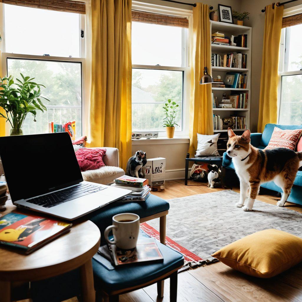 A cozy living room scene featuring a playful cat and a cheerful dog surrounded by colorful toys and pet care books. A laptop with an open blogging platform shows vibrant images of pets, while a steaming cup of coffee rests nearby. The atmosphere is warm and inviting, with sunlight streaming through a window adorned with pet-themed curtains. The overall vibe should convey creativity and joy in pet care and blogging. super-realistic. vibrant colors. soft lighting.