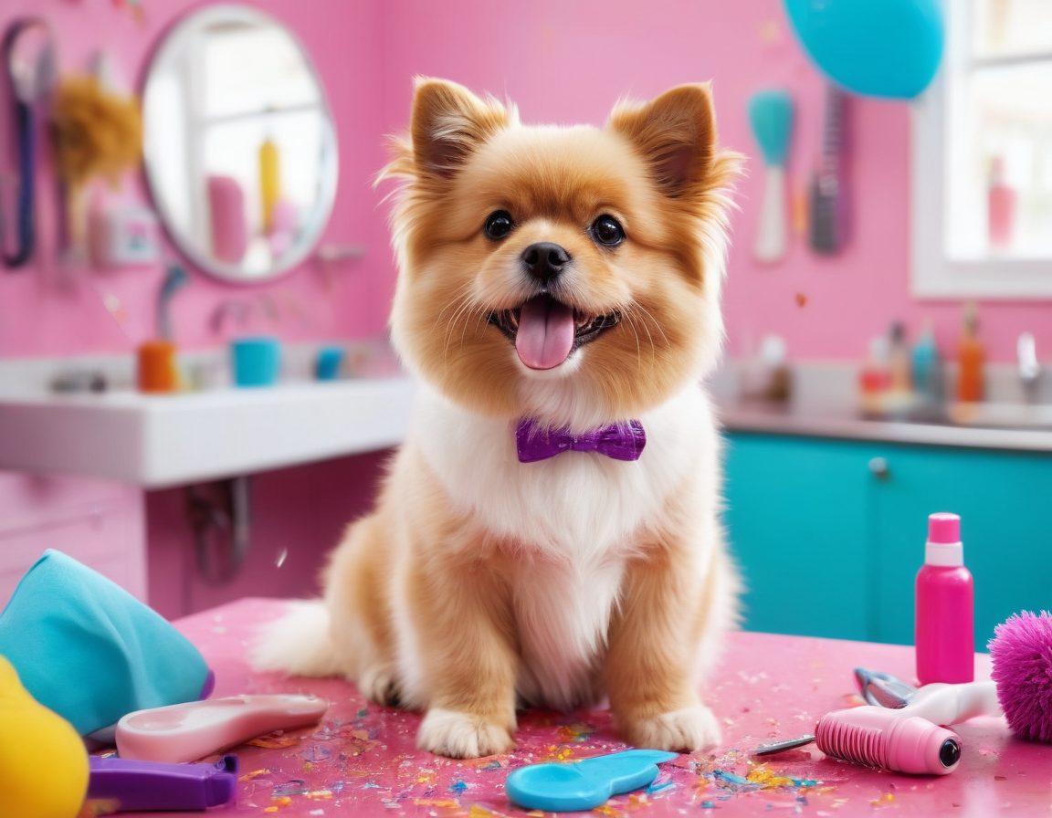 A joyful pet groomer surrounded by fluffy, freshly groomed dogs and cats, showcasing a vibrant grooming salon filled with colorful tools and accessories. Include a playful atmosphere with a few pets splashing in water and confetti in the air, while a camera captures the moment. The scene should exude warmth, happiness, and creativity for an online audience. super-realistic. vibrant colors. inviting atmosphere.